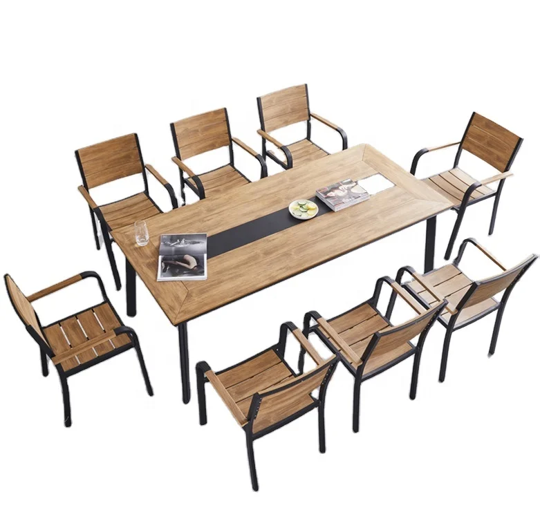 Modern Outdoor Rectangle Dining Table with Chairs Plastic Wood Teak for Leisure Balcony Cafe Hotel Bedroom or Entry Hall