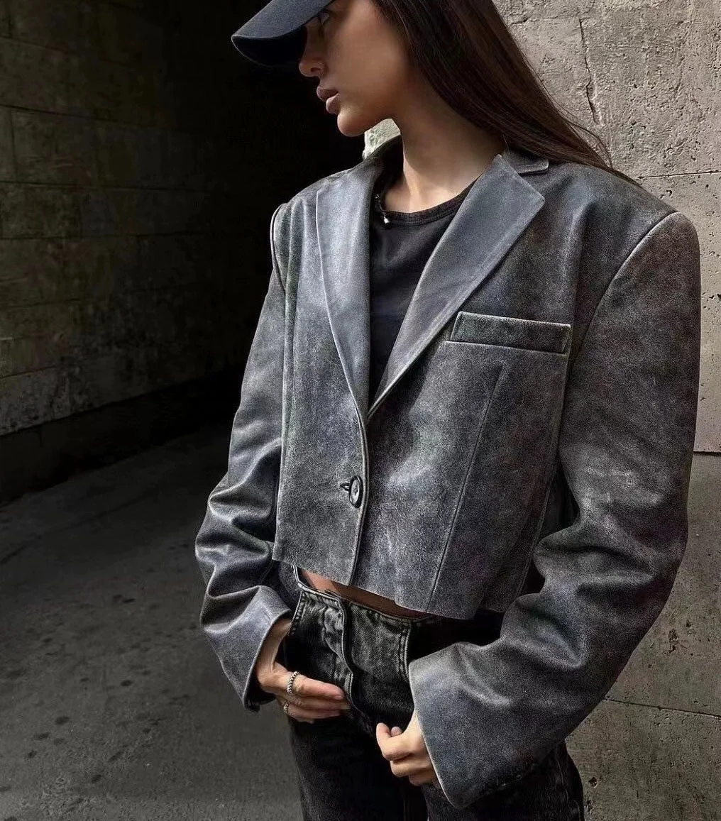 Wholesale Luxurious Young Girls Lambskin Leather Jacket Chic Black Loose Fit Women Apparel Cropped Blazer Fashion Outwear
