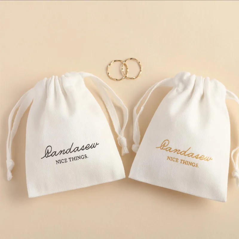 eco friendly Cotton Gift perfume Bags Gold Ribbon Logo Dust Sack drawstring jewelry Pouches