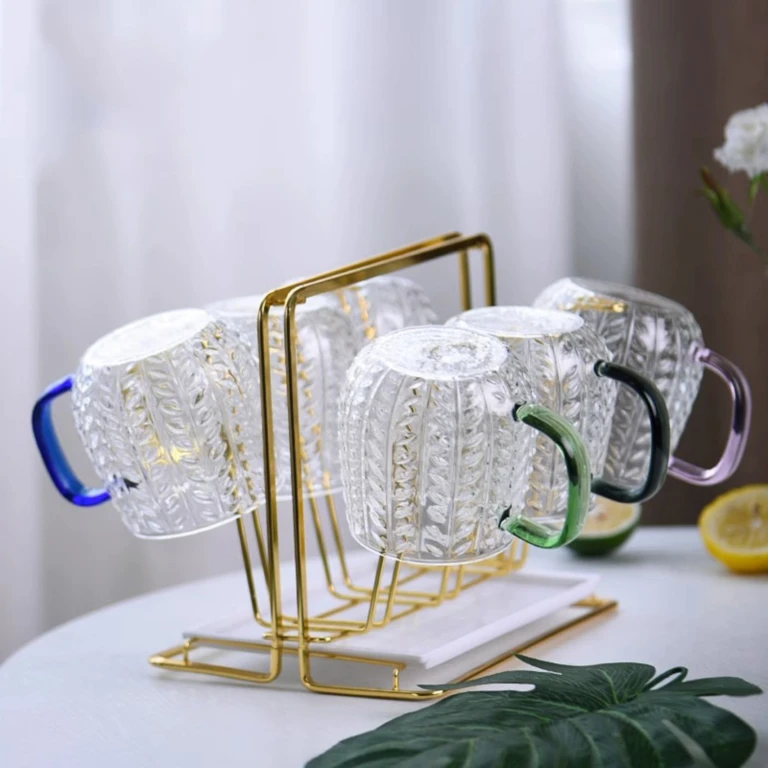 Hammer Grain Glass Cup Gold Handle Handblown High Borosilicate Glass Mug With Bamboo Lid