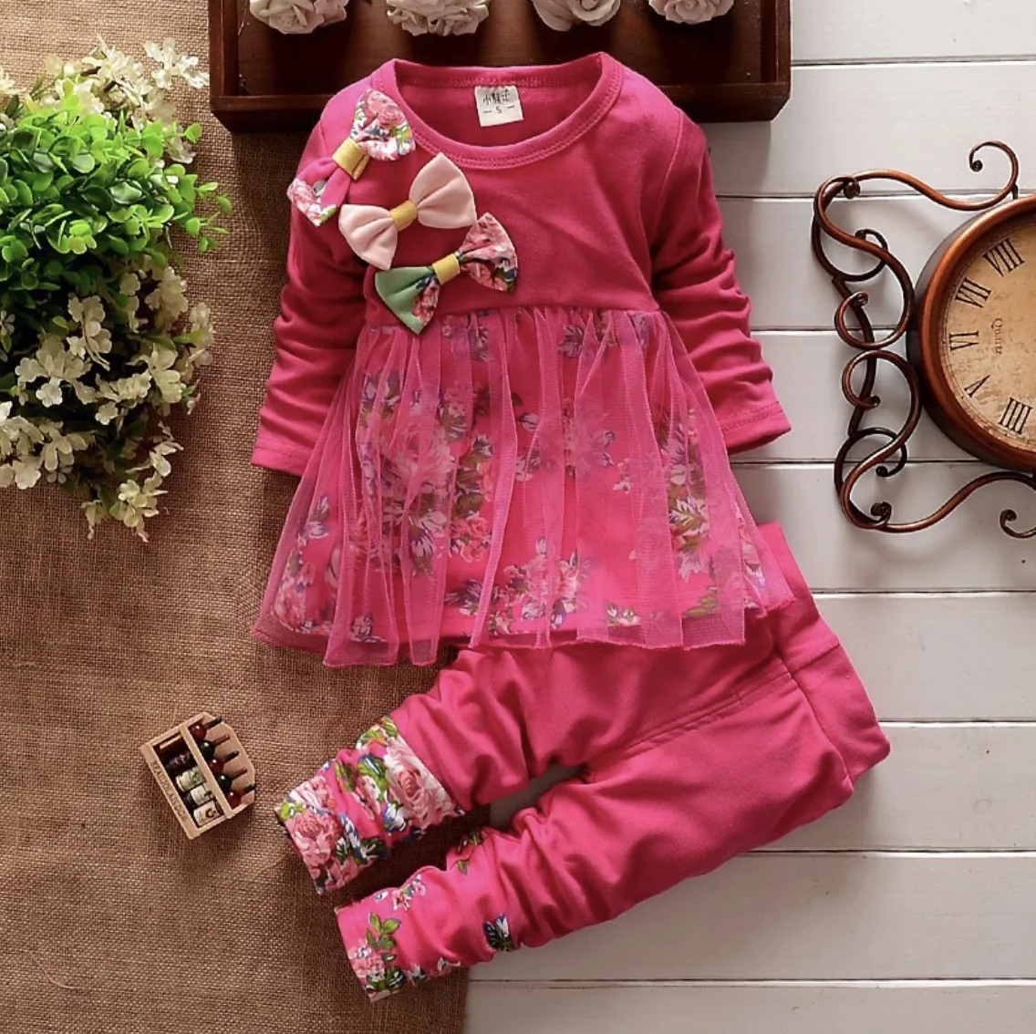 Wholesale Children Clothing usa flower print with bowknot spring outfits kids Clothing sets clothes gril