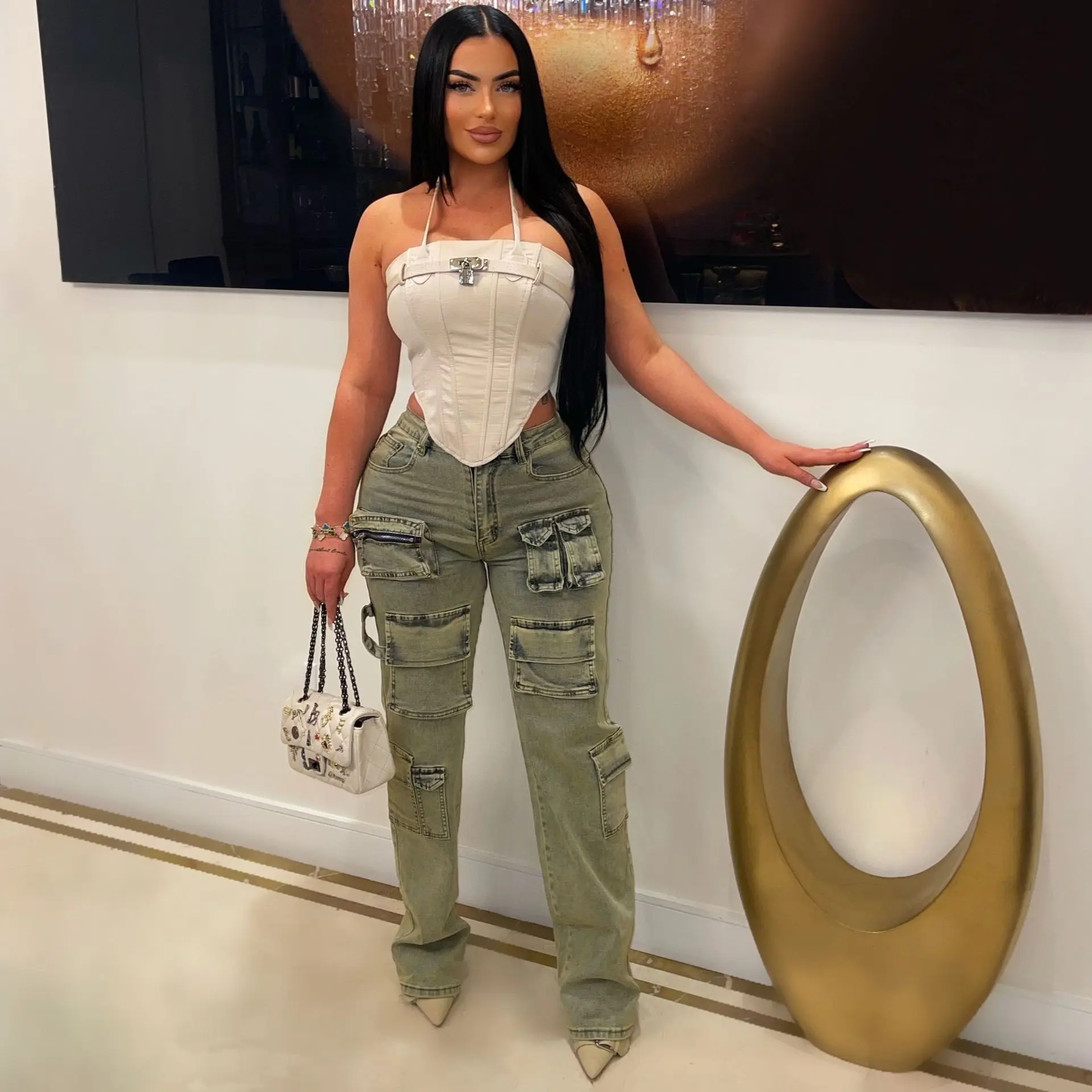 Top Fashion Pockets Washed Champagne Color Wide Leg Denim Casual Cargo Ladies Cargo Pants Jeans