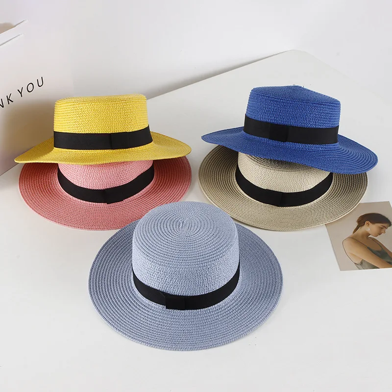 Unisex Cowboy Hot Sale Super Quality Panama Flat Top Summer Sunshade Solid Color Travel Ribbon Floppy Straw Fedora Hat Beach Cap