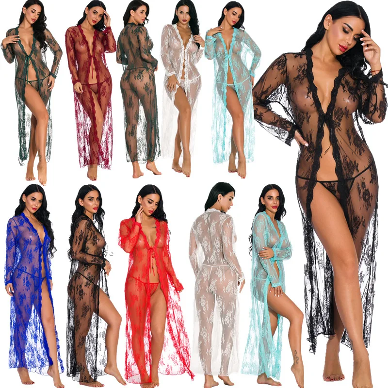 Hot selling New Design women sexy lingerie transparent long gown Adult robe