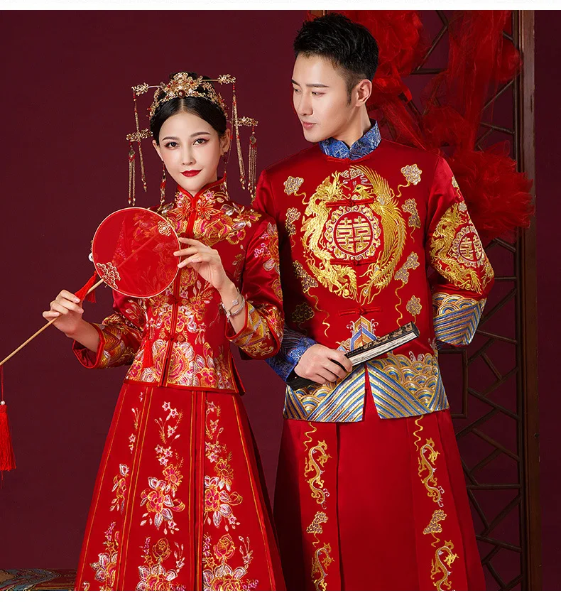 Red China Flower Dragon Phoenix Embroidered Slim Traditional Chinese Wedding Dress for Bride and Groom