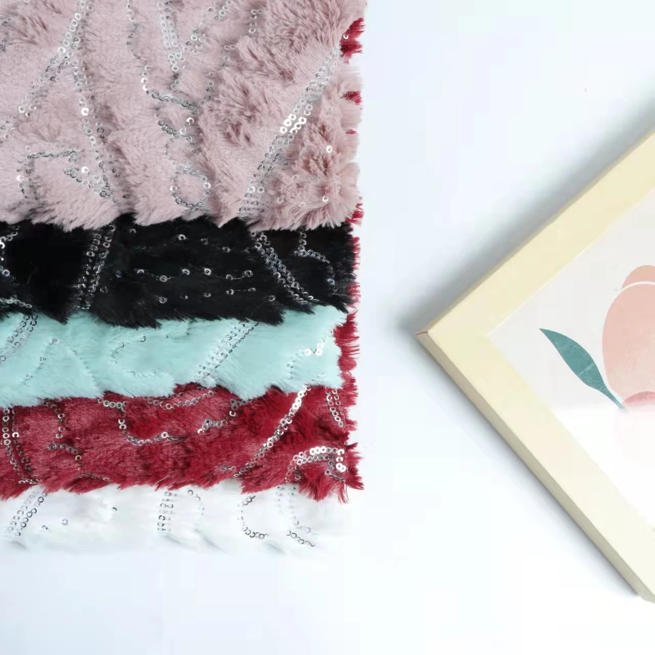Recycled 100 polyester sequin embroidered on pv velvet fur fabric for womens clothing home blanket