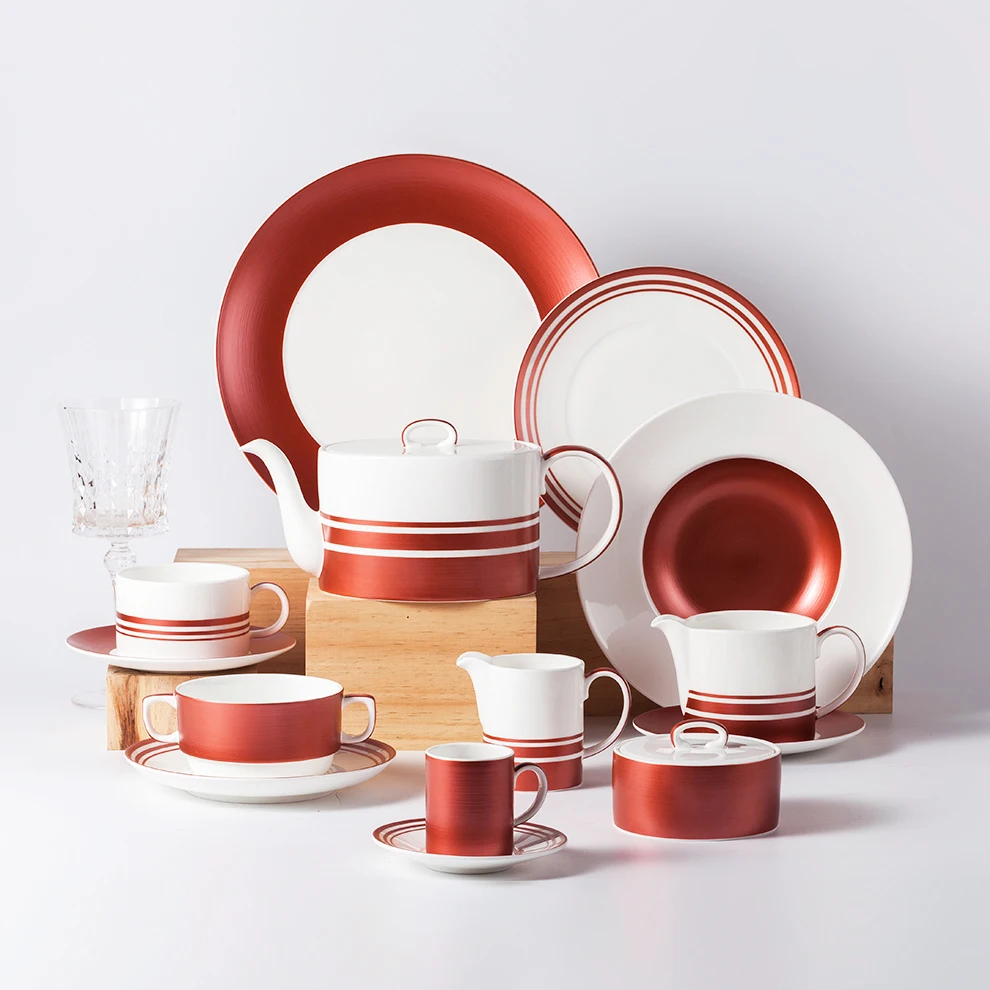 Customizable woman red dinnerware party set bowl and plate for 5 star hotel bone china ceramic tableware
