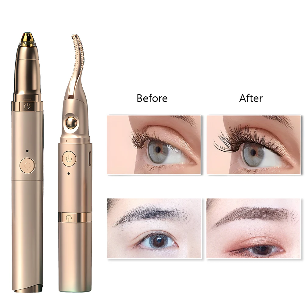 2 In 1 Portable Usb Rechargeable Eyebrow Trimmer & Electric Heated Eyelash Curler