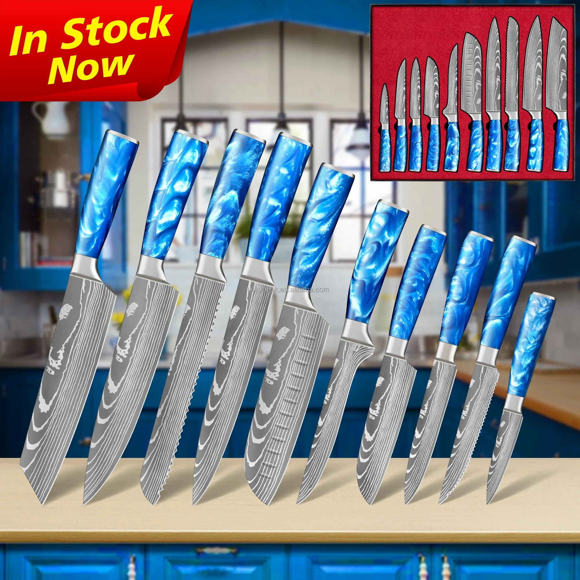 Free Shipping 5 inch Damascus steak knives mini Santoku knife steak for restaurant Sapphire blue resin handle