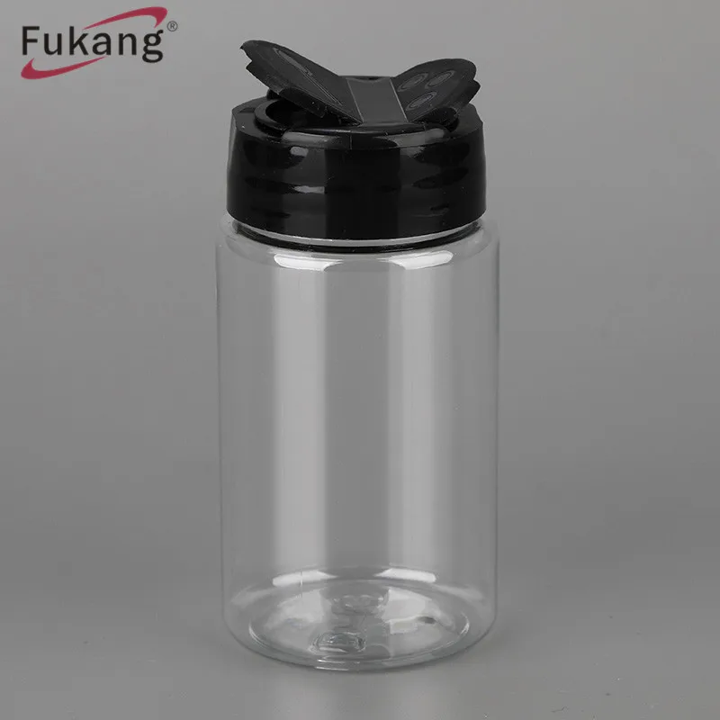 Plastic spice jars black lid , 50 gram plastic spice powder shaker bottles