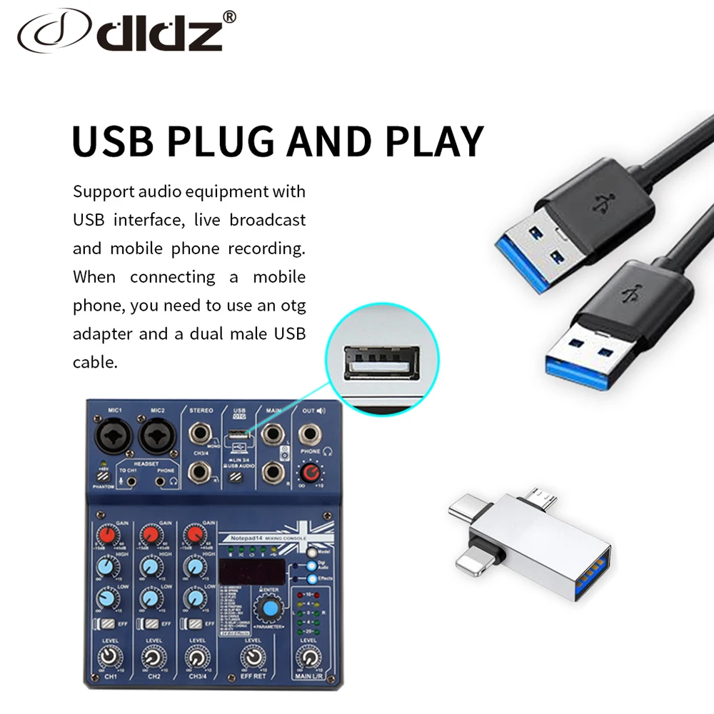 Dldz 4 канала портативный профессиональный звук музыки DJ микшер с BT USB интерфейс 48В блок питания и
