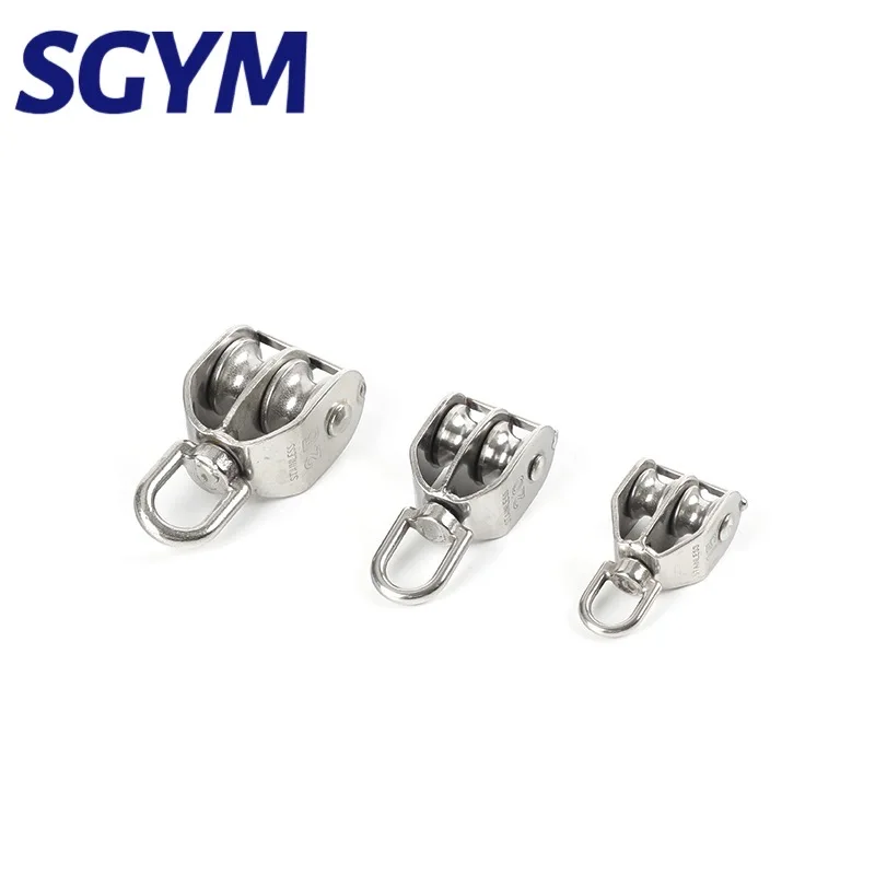 Stainless Steel 304 Pulley Block Marine Swivel Eye Pulley with Plat Shoulder and Double Wheels Snatch Pulley M20