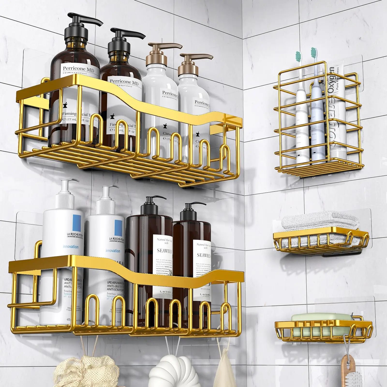 Golden five piece bracket Bathroom glass shelf Bathroom Design Wall mounted shelves Stainless steel Bathroom corner shelf