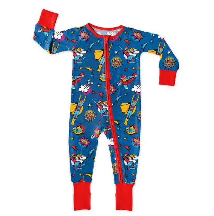 Custom Super Heros Print Custom Zipper Bamboo Baby Clothing Outfit