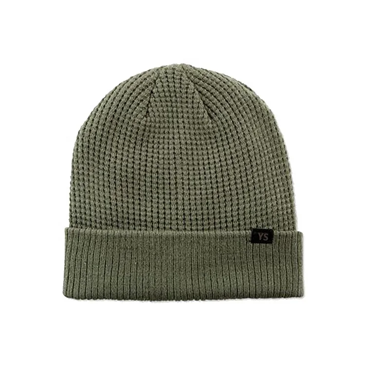 China Manufacture custom logo tag wool  cashmere waffle-knit design beanie hat rolled cuff beanies for men