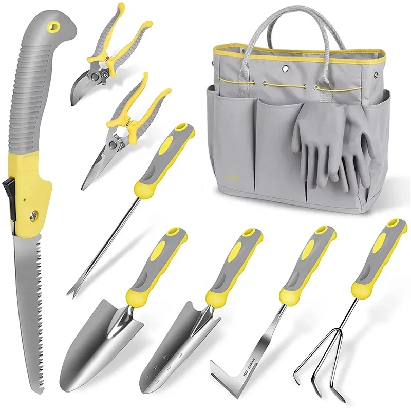 Customized 10 Piece Gardening Hand Tools for Digging Planting Pruning Kit With Durable Bag Gloves Women Men