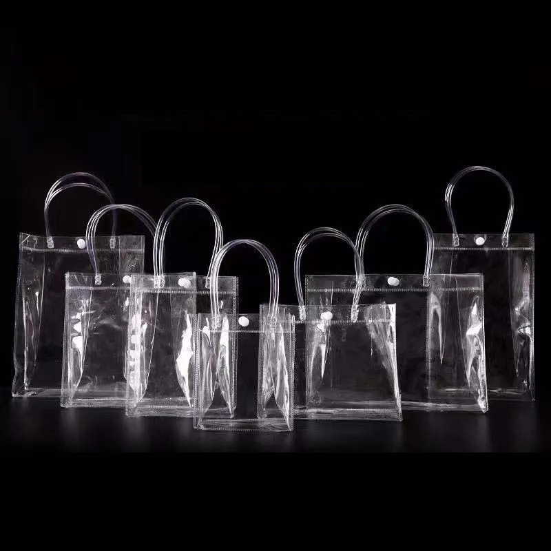 Reusable Transparent PVC Clear Gift Wrap Tote Bags Plastic Bags with Handle and Button