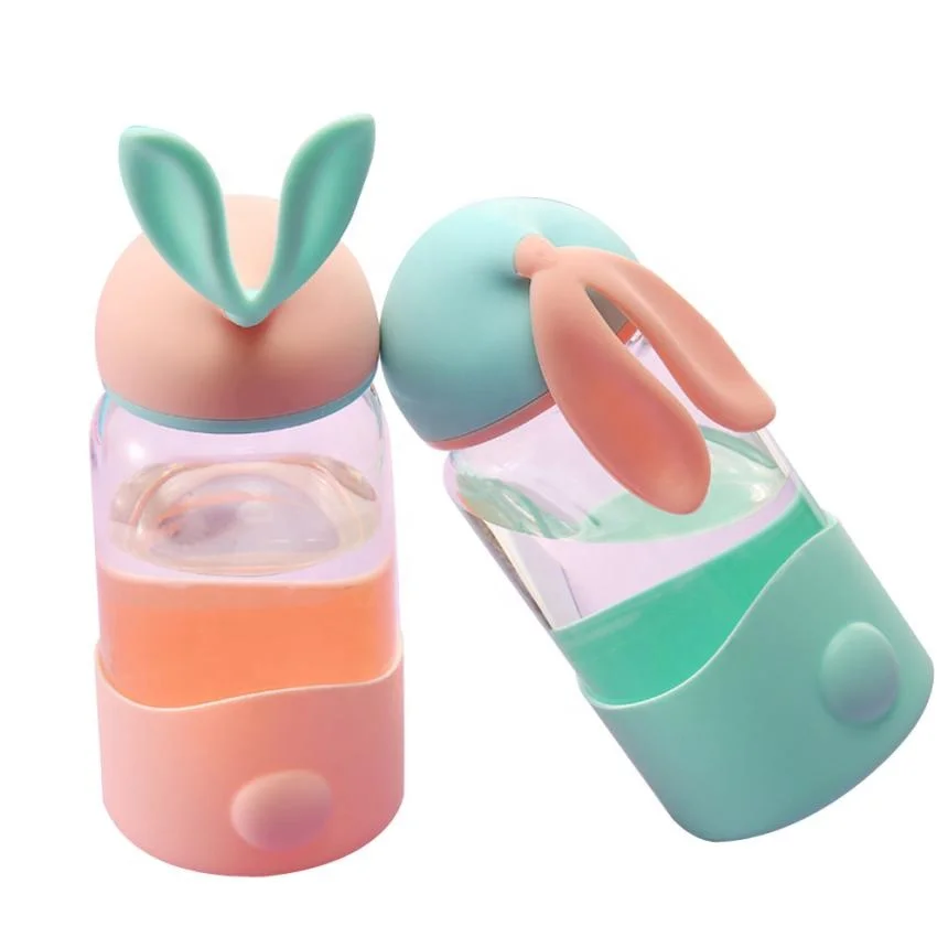 Lovely Animal Rabbit Ear Glass Drinking Water Bottle Kettle Milk Drinkware With Silicone Anti-hot Set For Student And Children