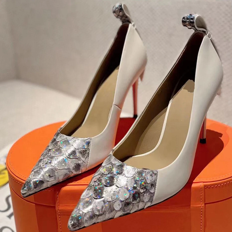 Elegant Women Brand Satin Leather Stiletto High Heel Pumps Sexy Women Pointed Toe Fish Scales Genuine Leather Shoes Heels