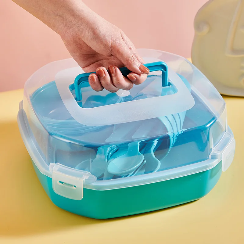 22pcs 26pcs portable lunch box plastic outdoor camping picnic tableware plastic dinnerware set