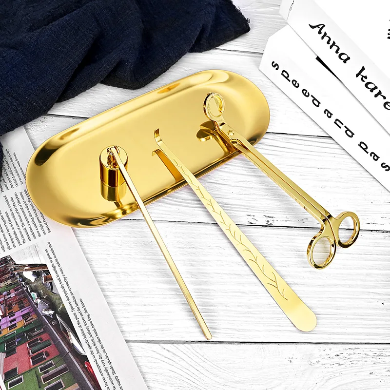 4 In 1 Luxury Stainless Steel Snuffer Wick Trimmer Dipper Storage Tray Plate Candle Accessories Set