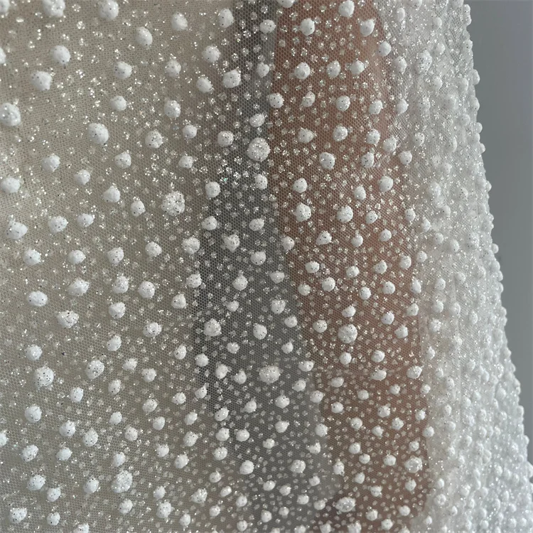 New Small Dots Design White Puff Bridal Lace Shimmer Glitter Fabric Lace Tulle