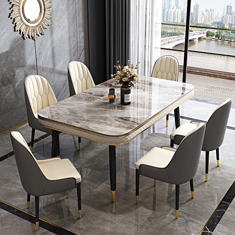 RYH Nordic Minimalist Metal Leg Dining Table With Marble Top Dining Room Furniture Dinner Table Set 4 6 Chairs