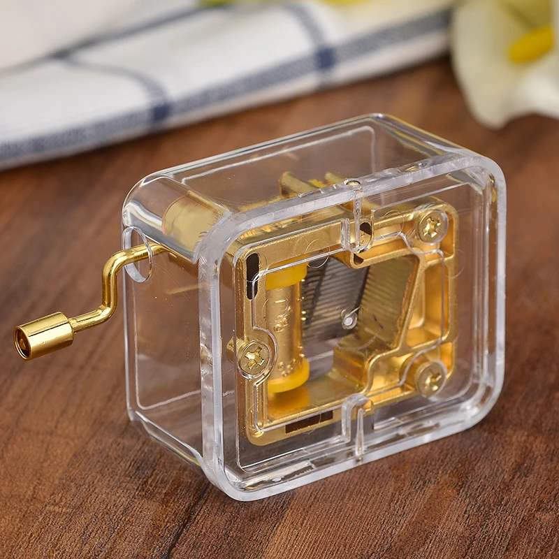 clear acrylic plastic rectangle shape music box with 18 note hand crank musical movement
