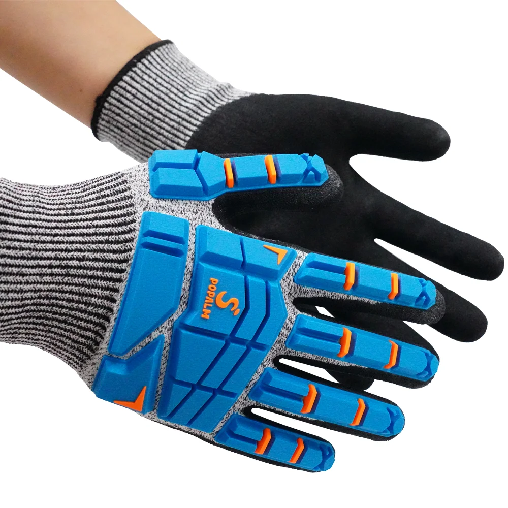POPALM 13 Gauge Nitrile Scrub coating Soft TPR Work gloves Durable Anti-Impact TPR Work Gloves Maximum Hand Protection