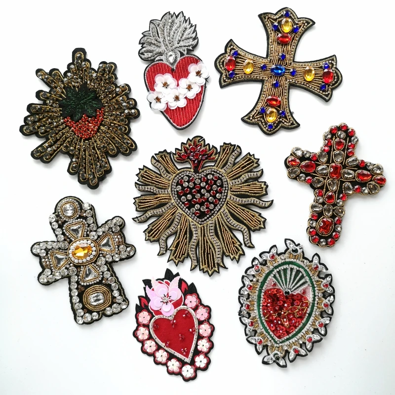 GUGUTREE handmade beaded sequined heart patches sew on embroidery star cross patch badges appliques