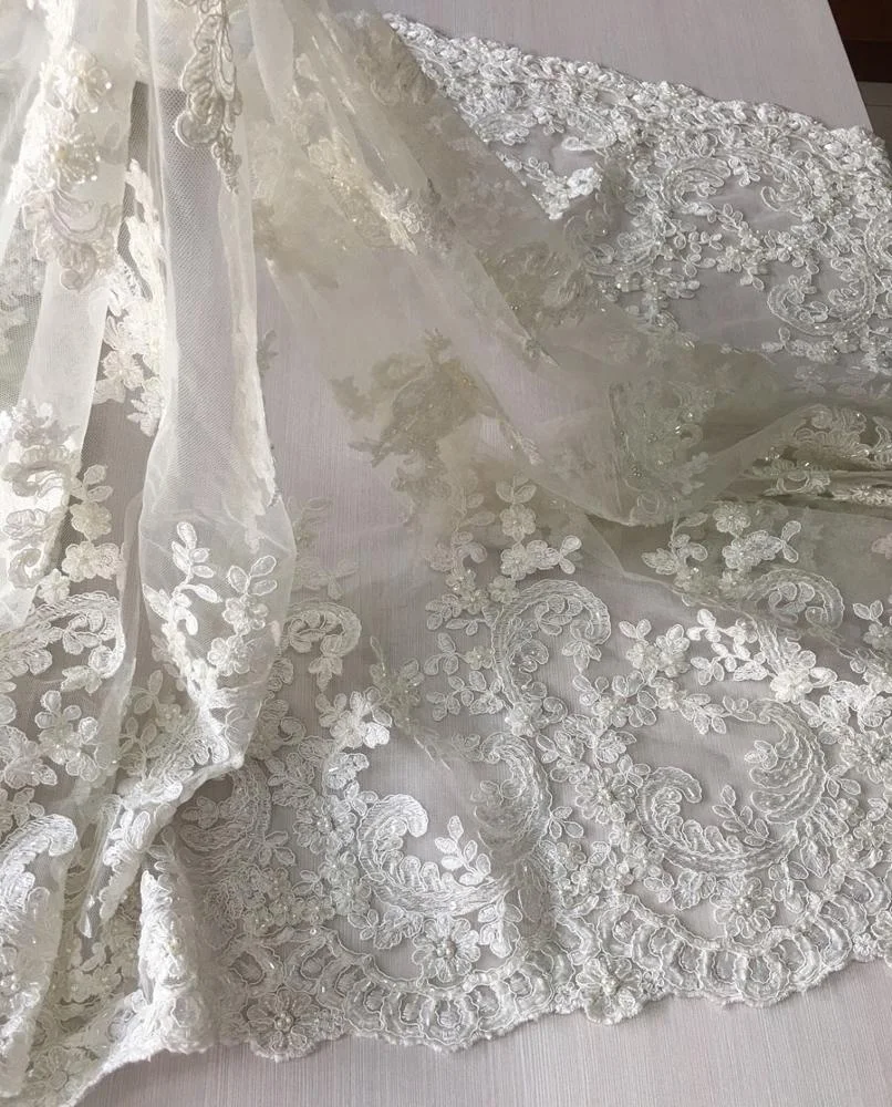 high quality bridal cord lace fabric hand beaded sequin embroidery lace fabric , fancy wedding dress fabric