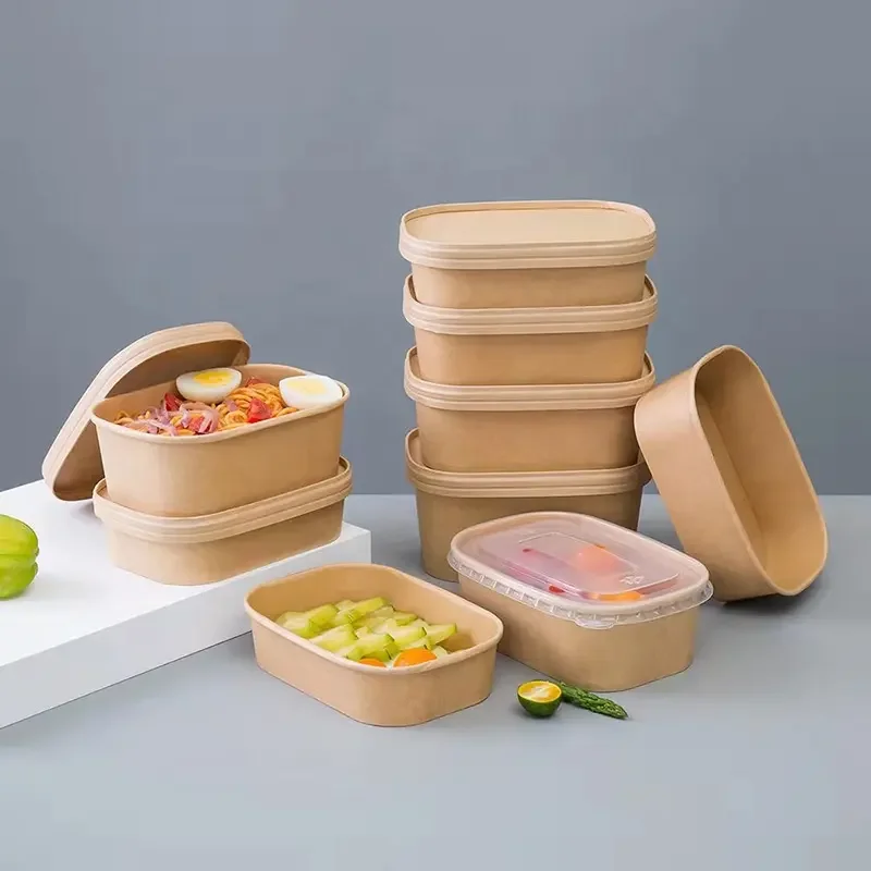 Eco Friendly Disposable Rectangular Square Kraft Paper Salad Bowl Take Away Food Container Microwavable Rectangular Paper Bowl