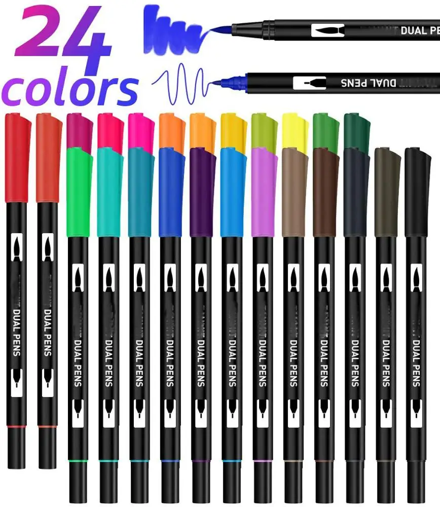 
24 Colors Dual Tip Brush Pen Art Markers 30% More Ink Fine Tip & Calligraphy Brush Pens 
