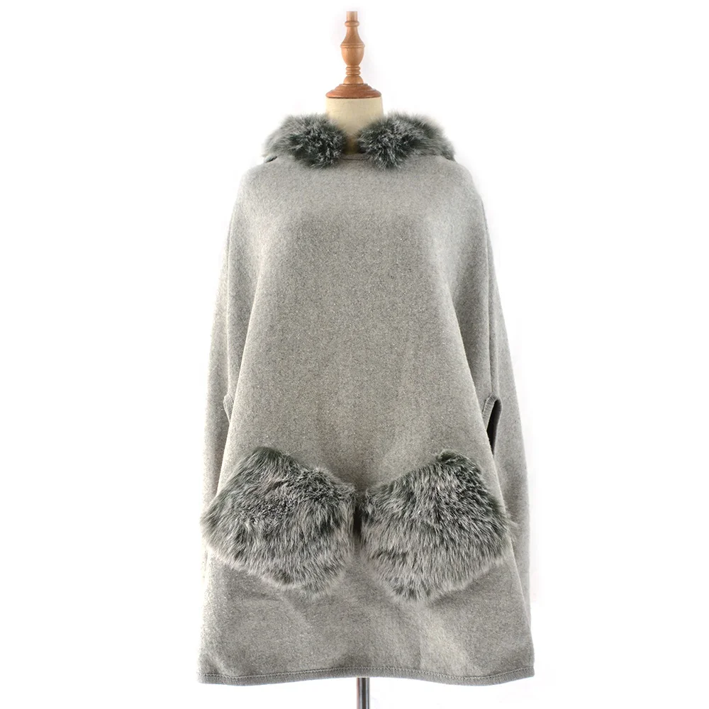 Корейская мода с капюшоном толстый жилет накидка шаль с карманами искусственный мех отделка зимнее шерстяное пончо для женщин