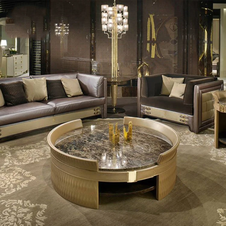 New arrive unique antique leather coffee table living room furniture luxury round side table