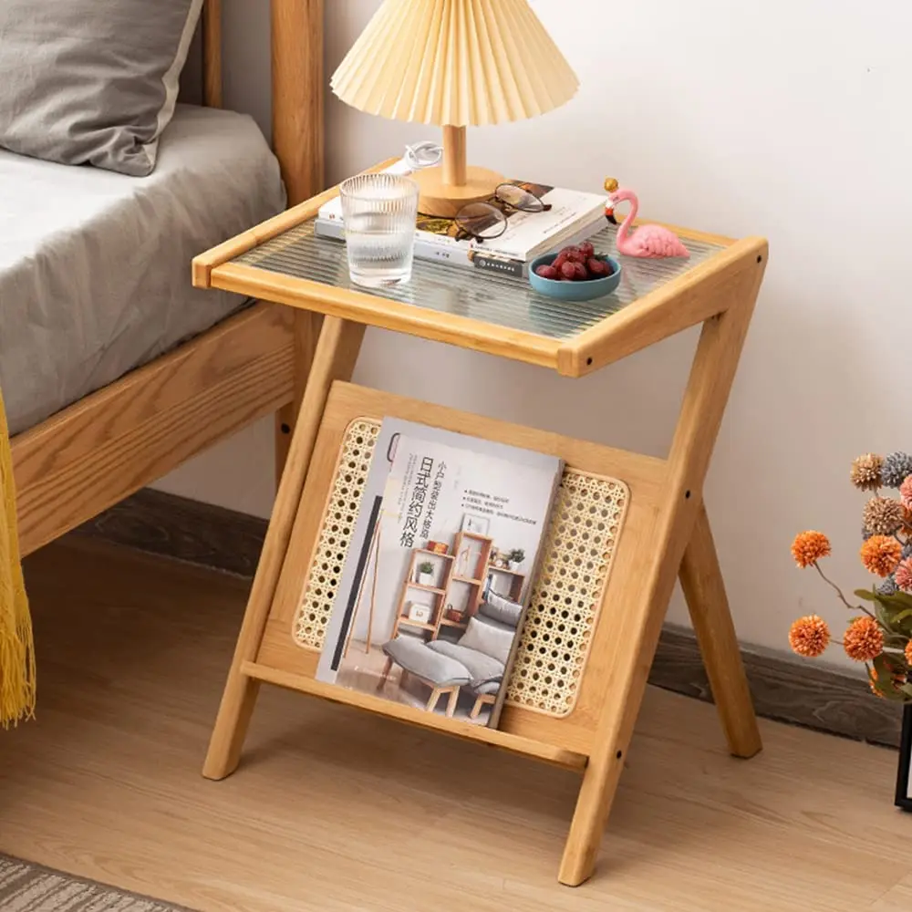 Combohome Multifunction Glass Rattan End Table with Storage Shelves Nightstand Bamboo Sofa Side Bedside Table