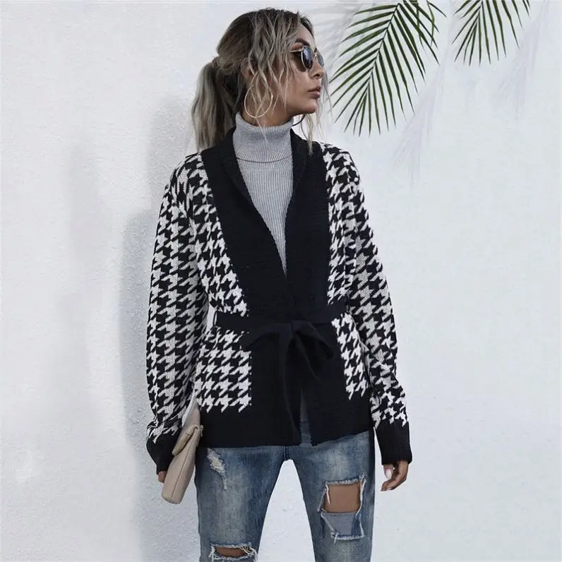 2021 Cardigan Sweater Long Sleeve Geometric Houndstooth Design Knitted Small Fragrance Korean Clip Cardigan Top For Women