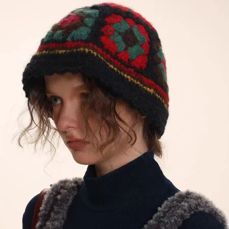 Vintage Multicolor Crochet Hat Granny Square Knitted Winter Warm Custom Black Beanie Bucket Hat