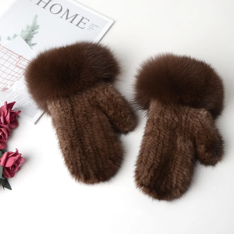 Новинка, вязаный женский зимний теплый мех норки с пальцами