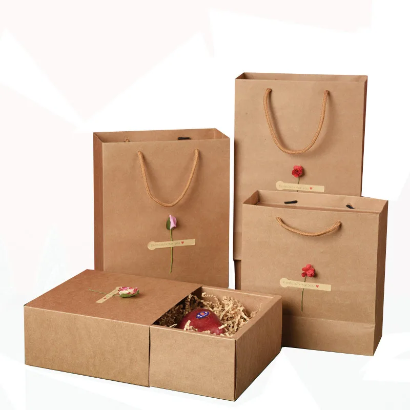 Customized Logo Brown Kraft Paper Boxes and Bags Set for Christmas Gifts Packing