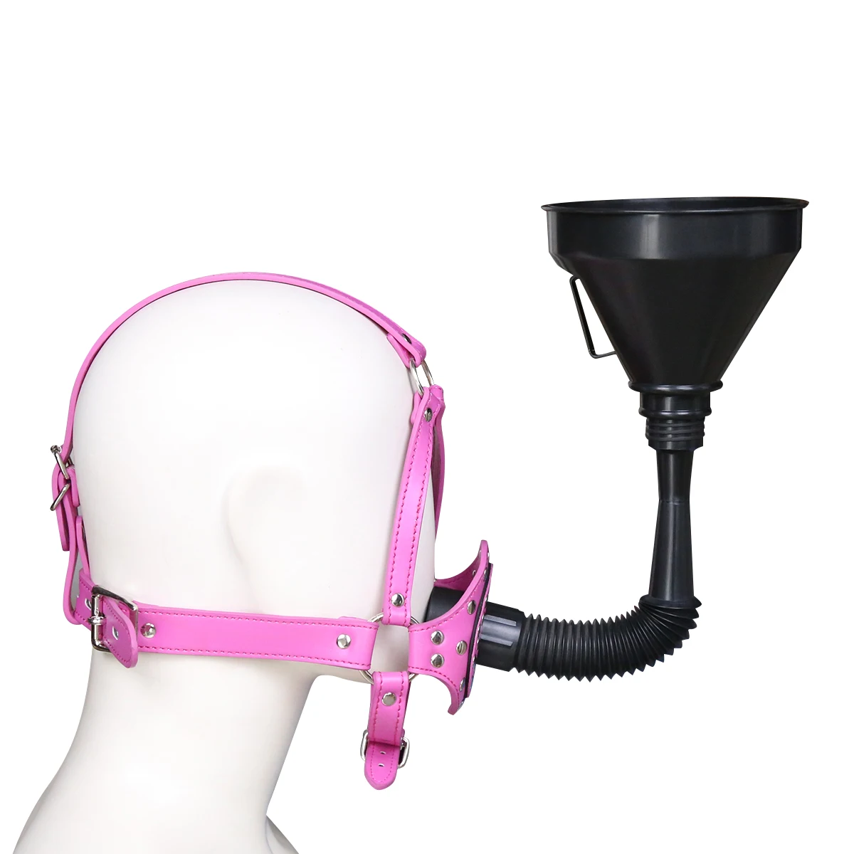 Head Harness Strap Toilet Lid Gag with Funnel PU Leather Funnel Oral Enema Drool Plug Gag Head Harness Bondage Adult Game