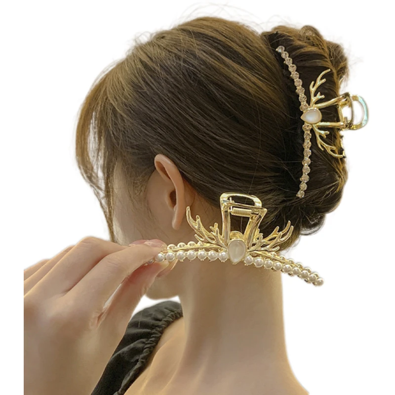 wholesale Antler Alloy Claw Clip Irregularity Pearl Diamond Hair Accessory Sparkling Rhinestone Hairgrips