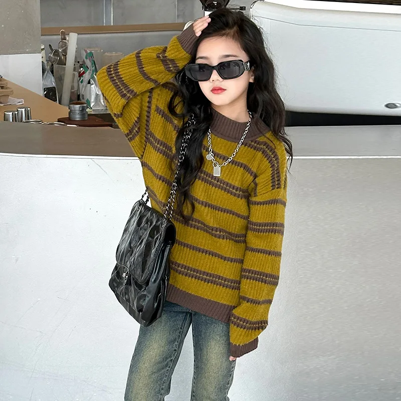 2023 Youths Girls Yellow Striped Pullover Knit Sweater 5-15 Years