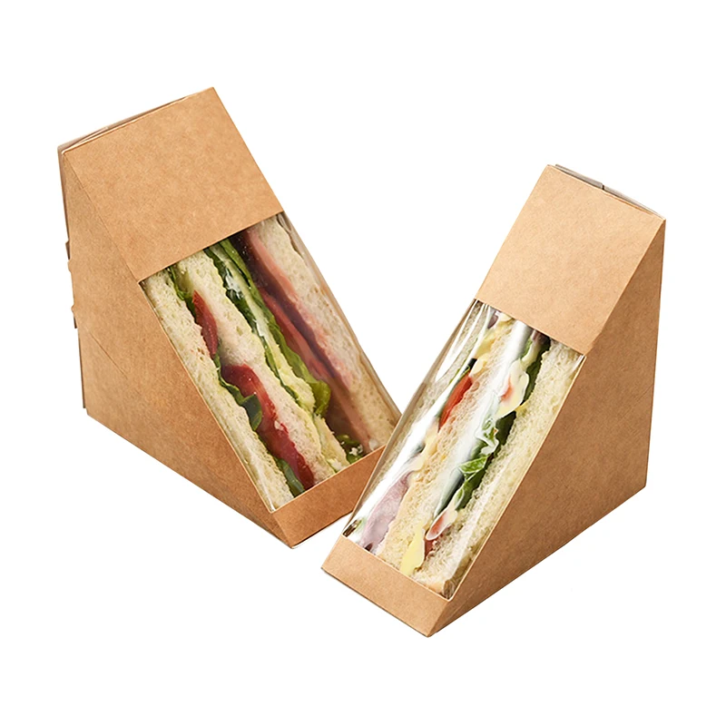 Custom eco carry kraft paper packaging triangle sandwich lunch boxes with clean PET plastic window