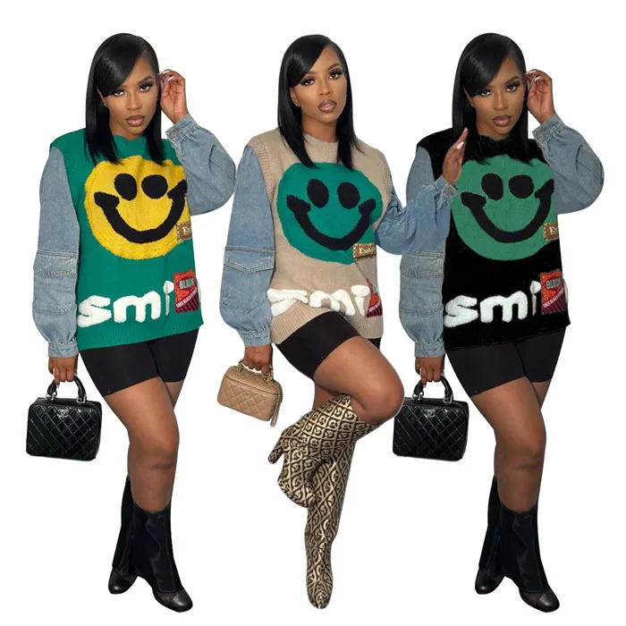 Z3250-autumn winter smile knitted top casual patchwork cute free size women sweater