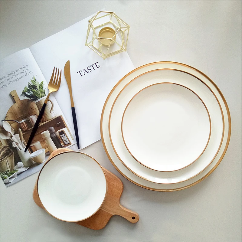 Dinnerware Wholesale Fine China Dinnerware Sets Luxury White Plates With Gold Rim Dishes Plates Ceramic