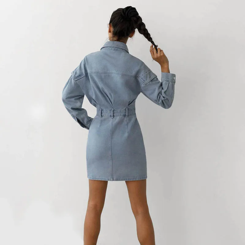 2023 fashion Women casual long sleeve side pockets lapel mini denim dress