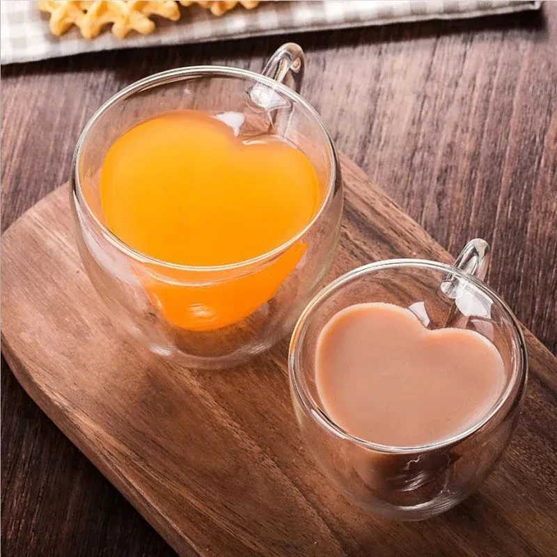Hot selling Unique  Double-Walled with heart shape coffee  Mug cafe  afternoon break red tea  drinking glass  tumbler for bar