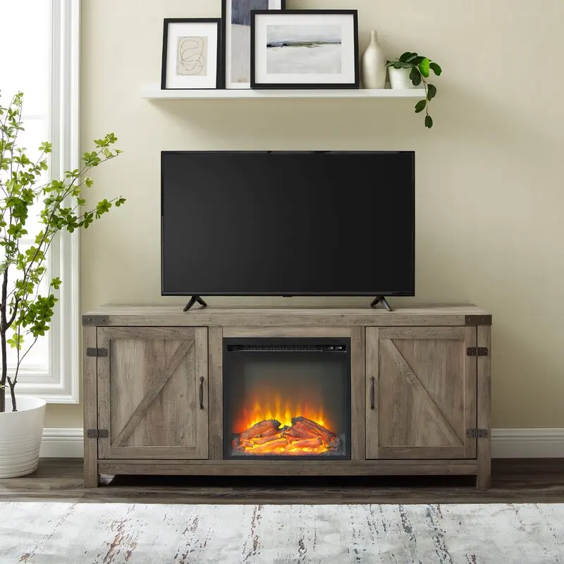 85 inches latest simple design smart hidden minimalist tv stand lift cabinet set with fireplace led light for living room