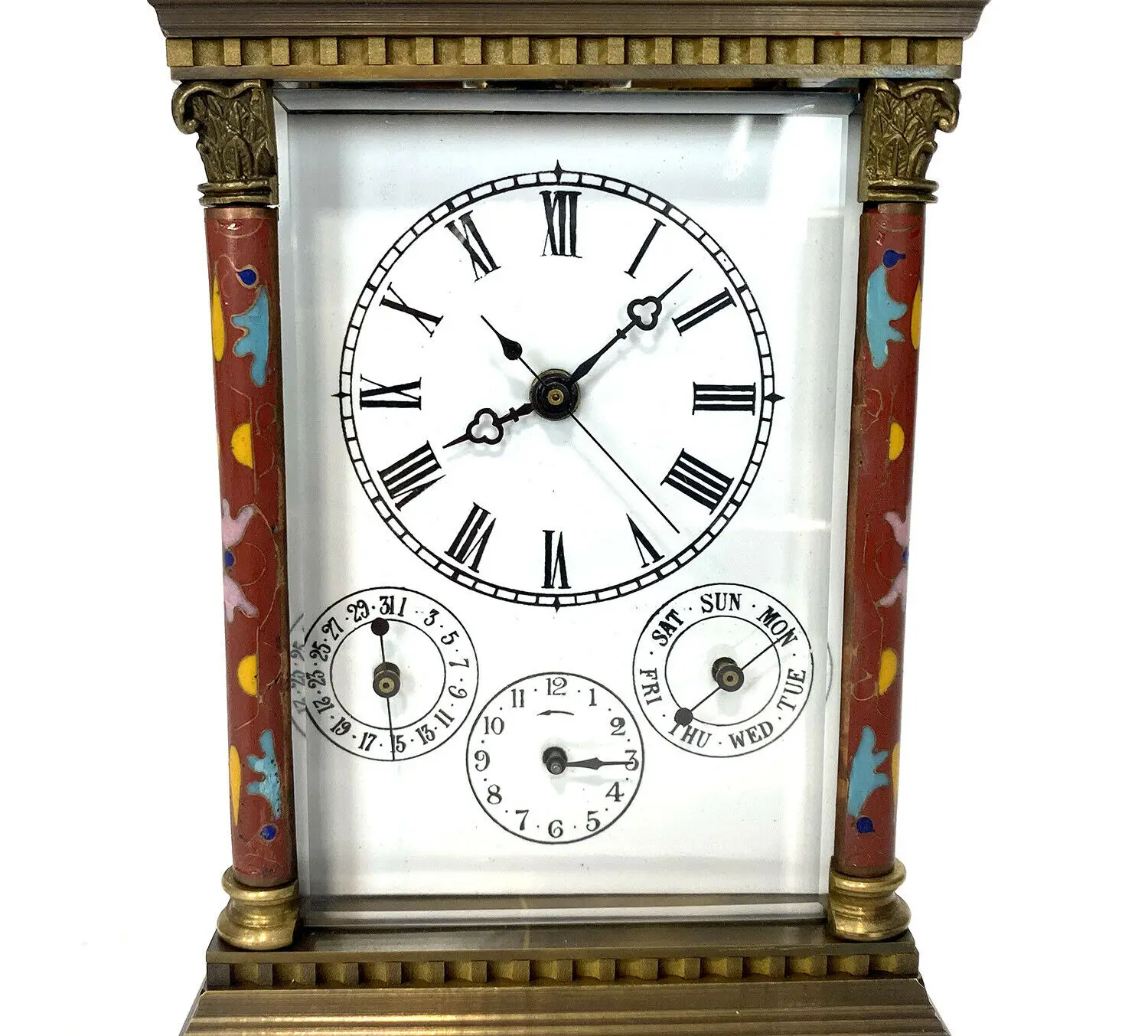 18th French antique Floral Red Cloisonne gilt brass cased 8 Day Repeater Alarm Chiming Calendar Porcelain Carriage Travel clock